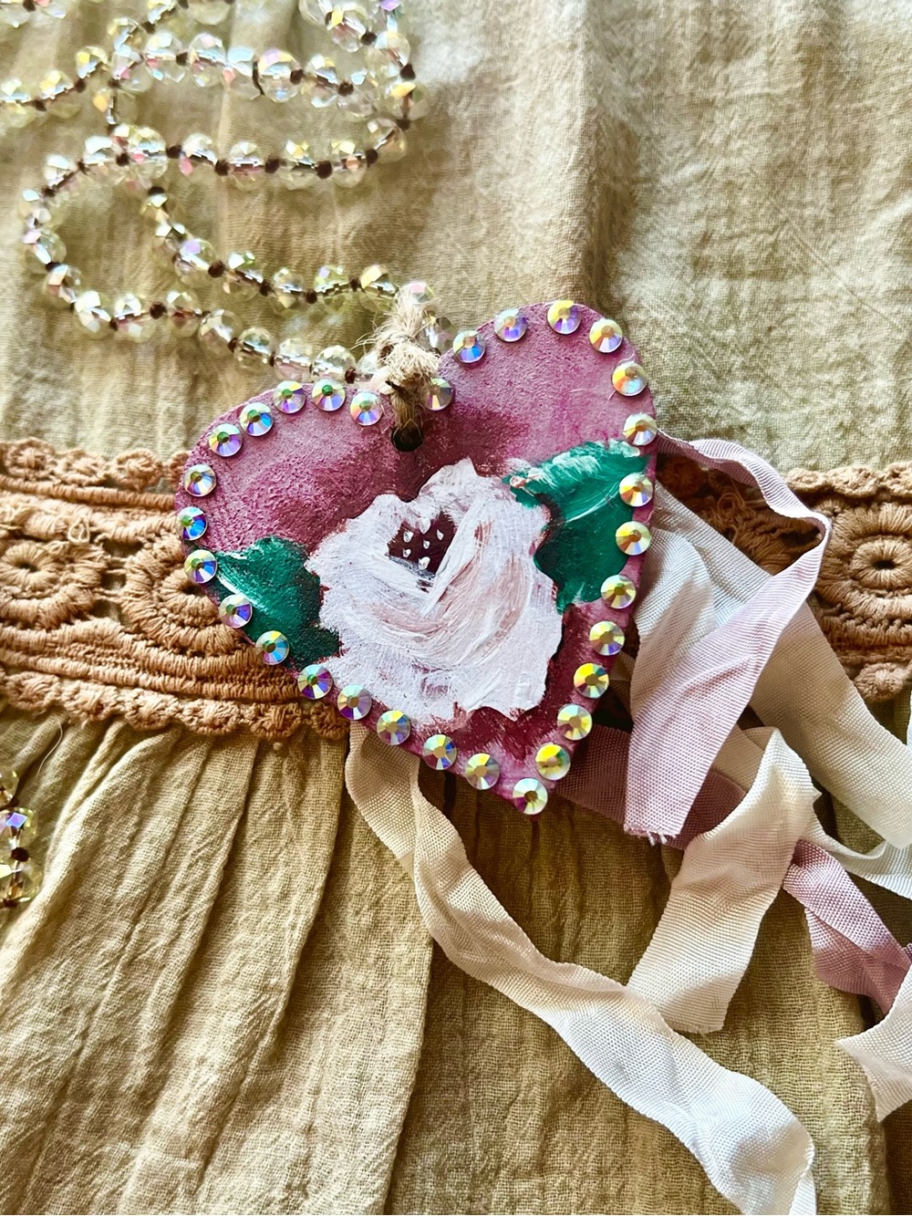 A Rare Bird Hand-Painted ROSE Wooden Heart Necklaces with Rhinestones NWOT